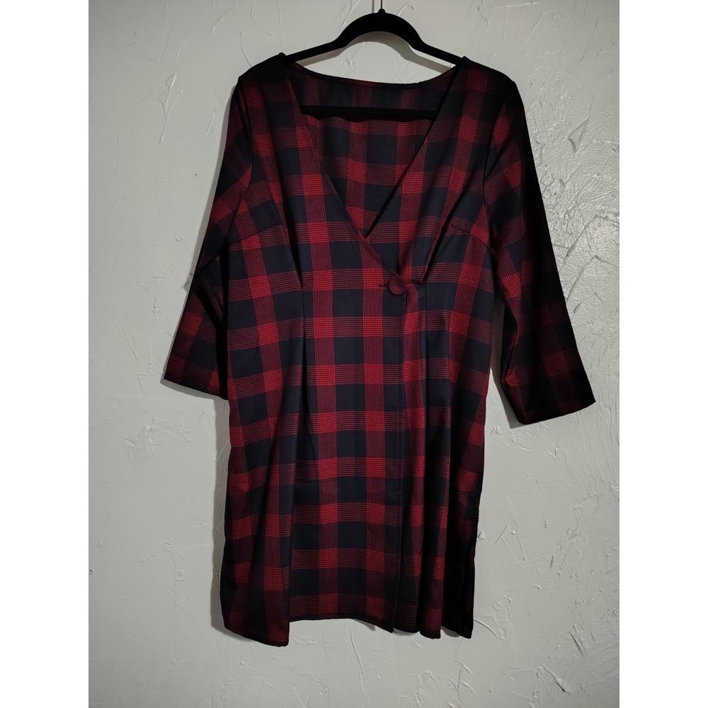 Plaid Schoolgirl Wrap Dress Ladies L Red/Black Pleated Long Sleeve Knee Length